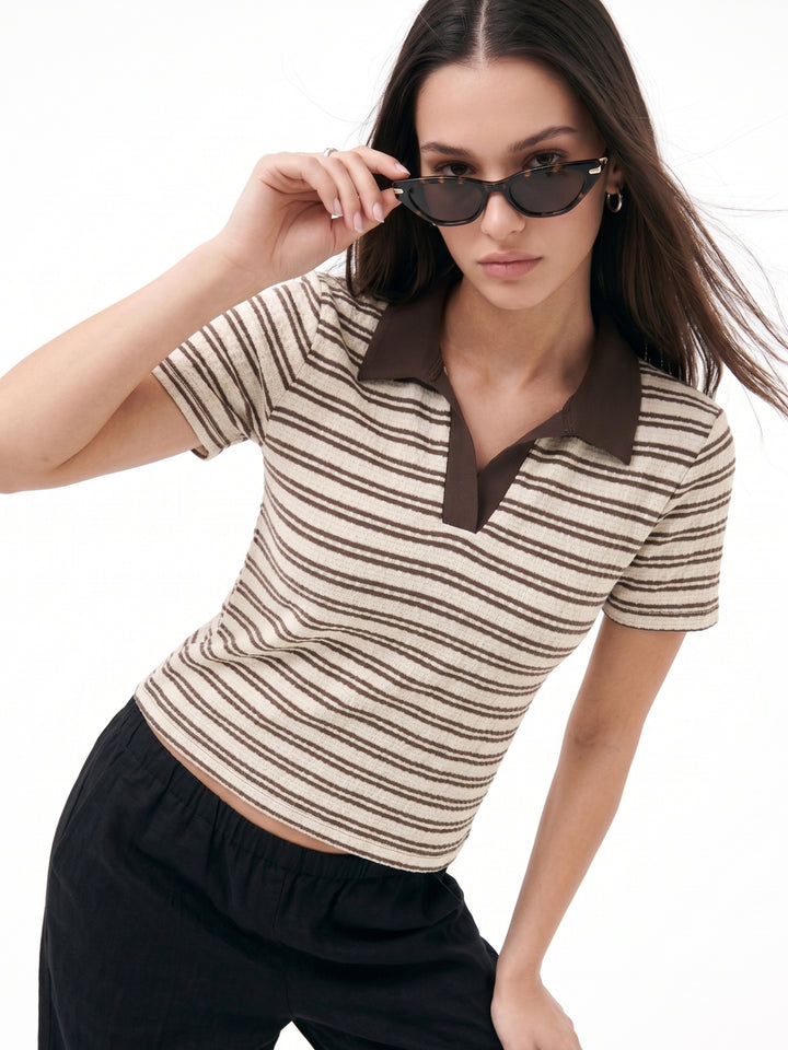 Cream Striped Polo Neck Top