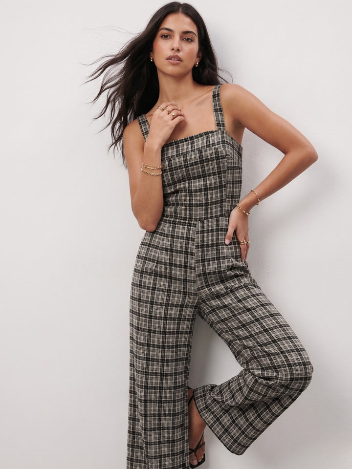 Grey Shoulder Strap Checkered Jumpsuit