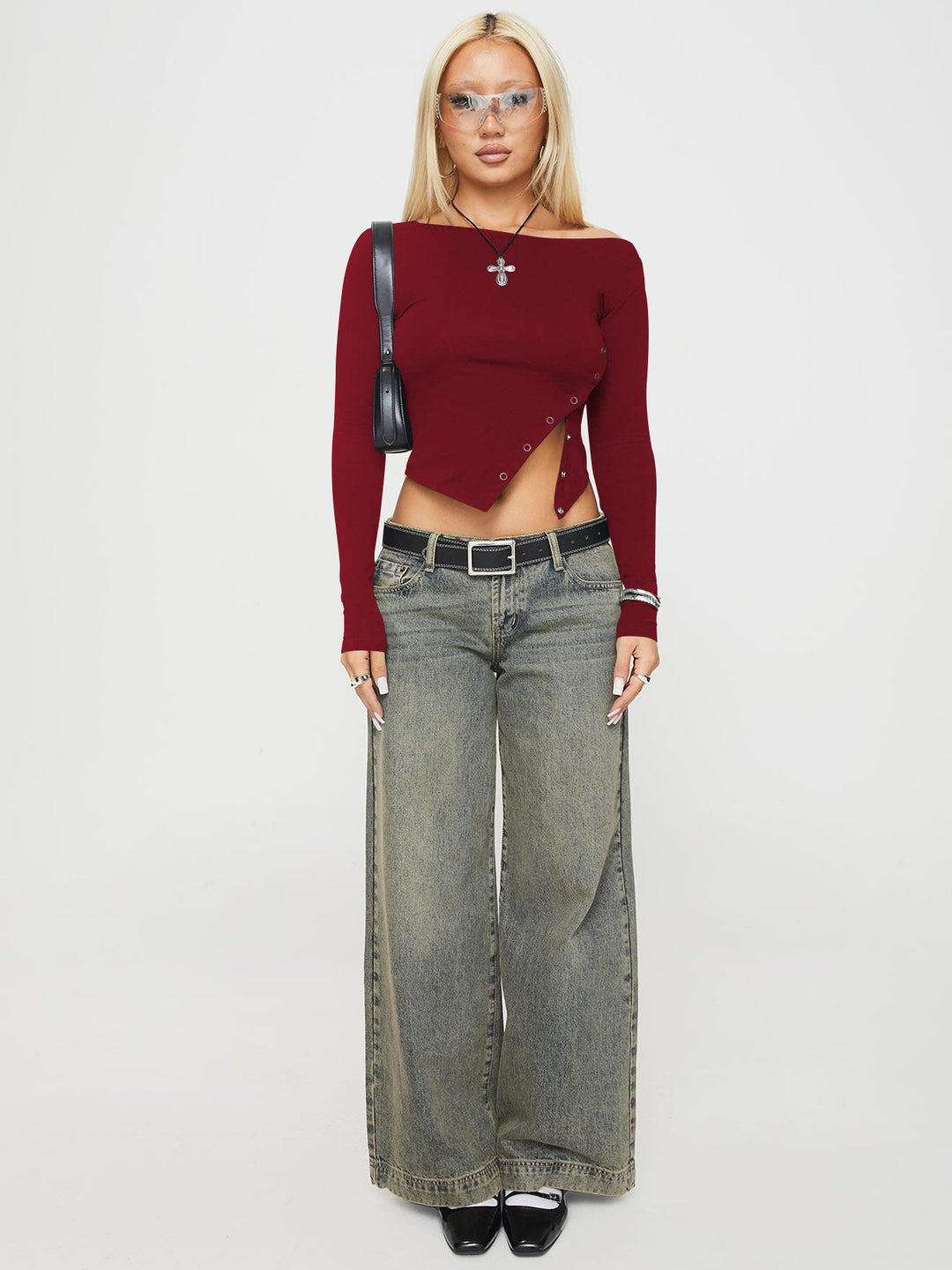 Wine Full Sleeve Side Buttoned Top