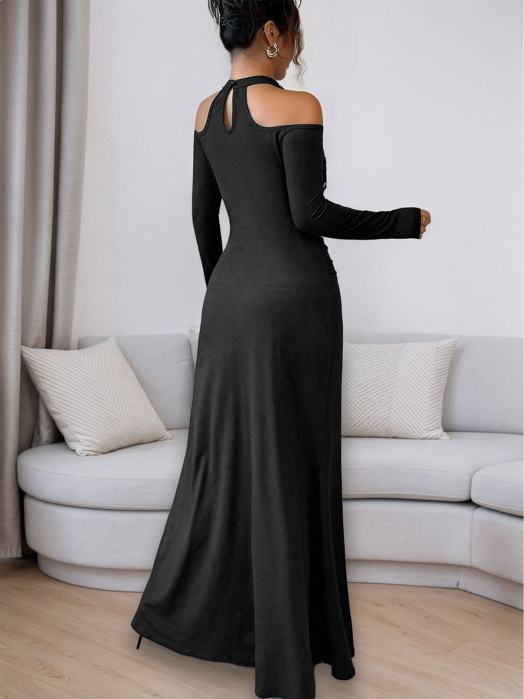 Black Full Sleeve Lace Neck Detail Dress