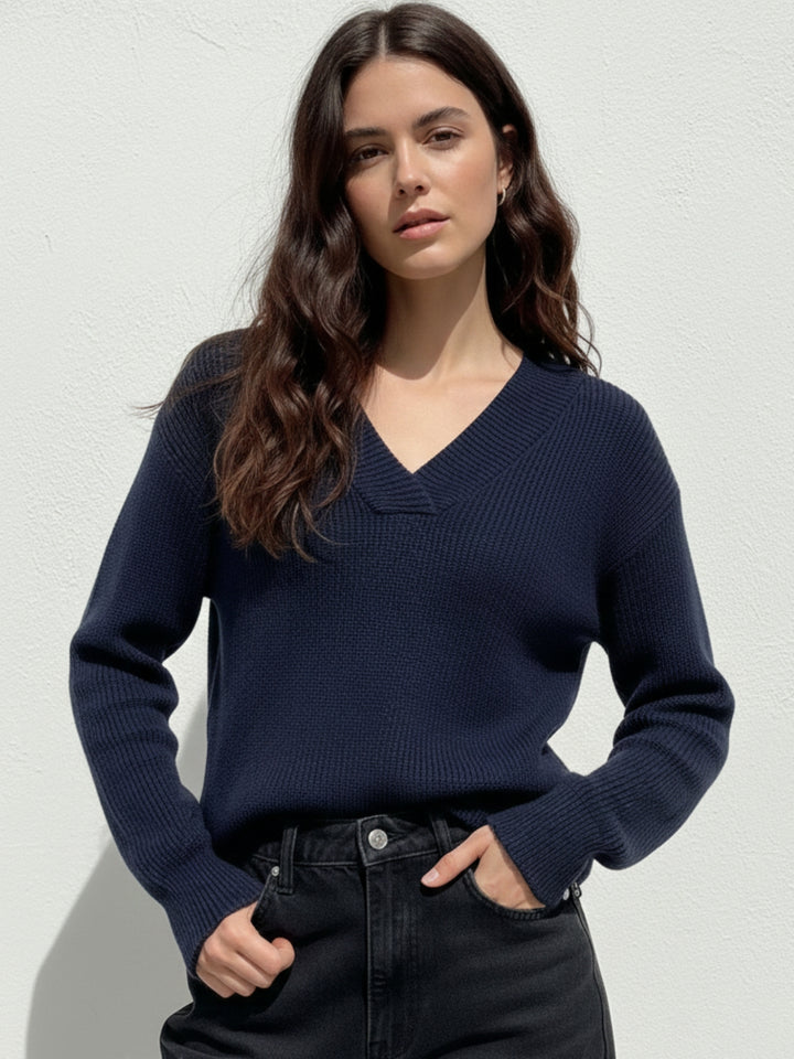 Navy Blue Full Sleeve V Neck Sweater