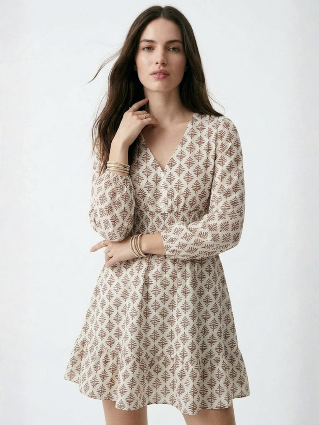 Off White Bishop Sleeve V Neck Printed Dress