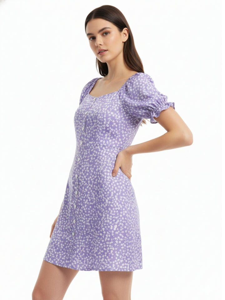 Lavender Off Shoulder Printed Dress