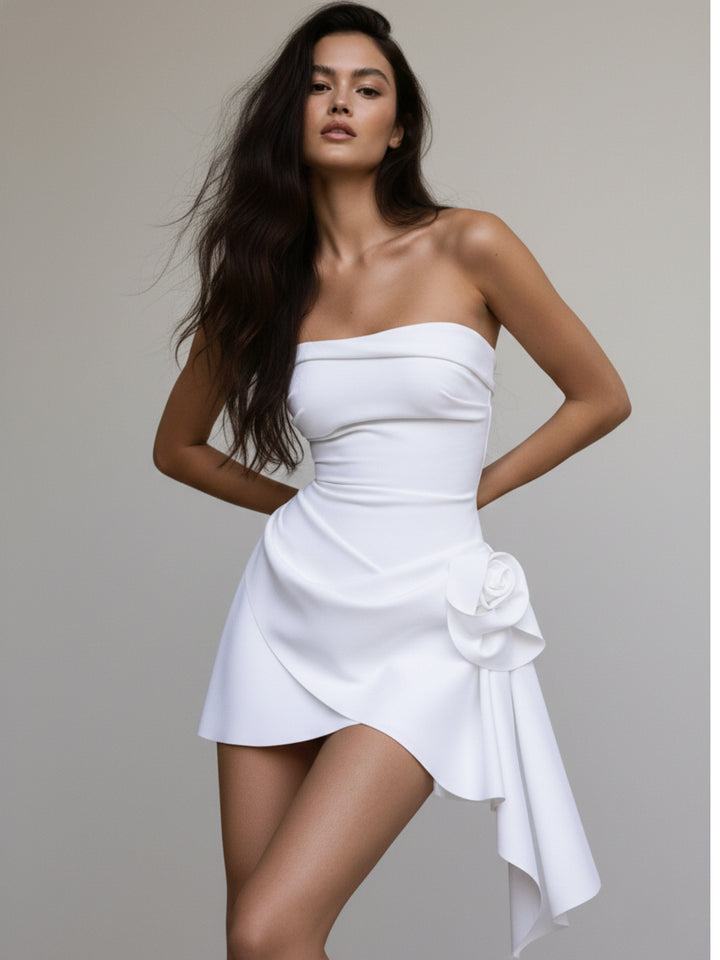 White Strapless Flower Attached Dress