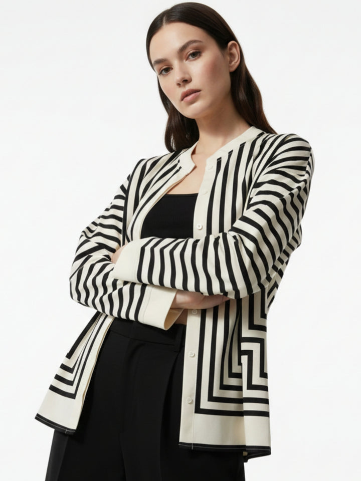 Beige Flowy Striped Scarf Blouse