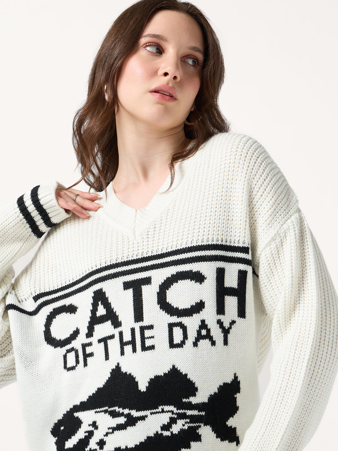Off White V Neck Graphic Sweater