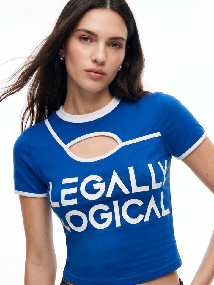 Blue Contrast Binding Neck Cut Out Graphic Printed T-Shirt