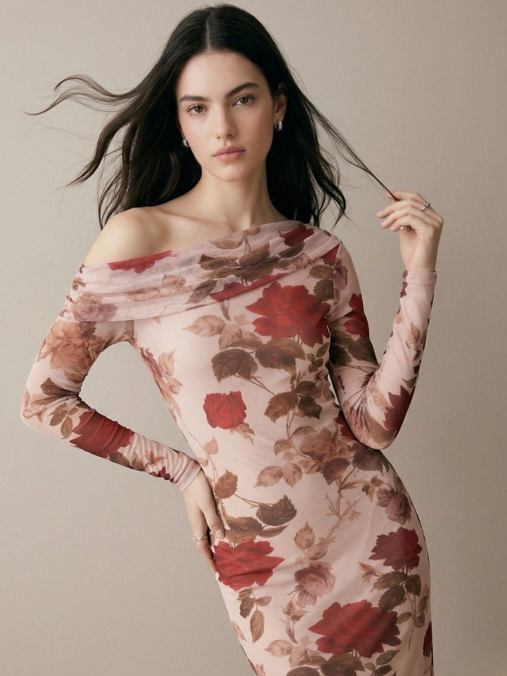 Beige Mesh Printed Off-Shoulder Midi Dress