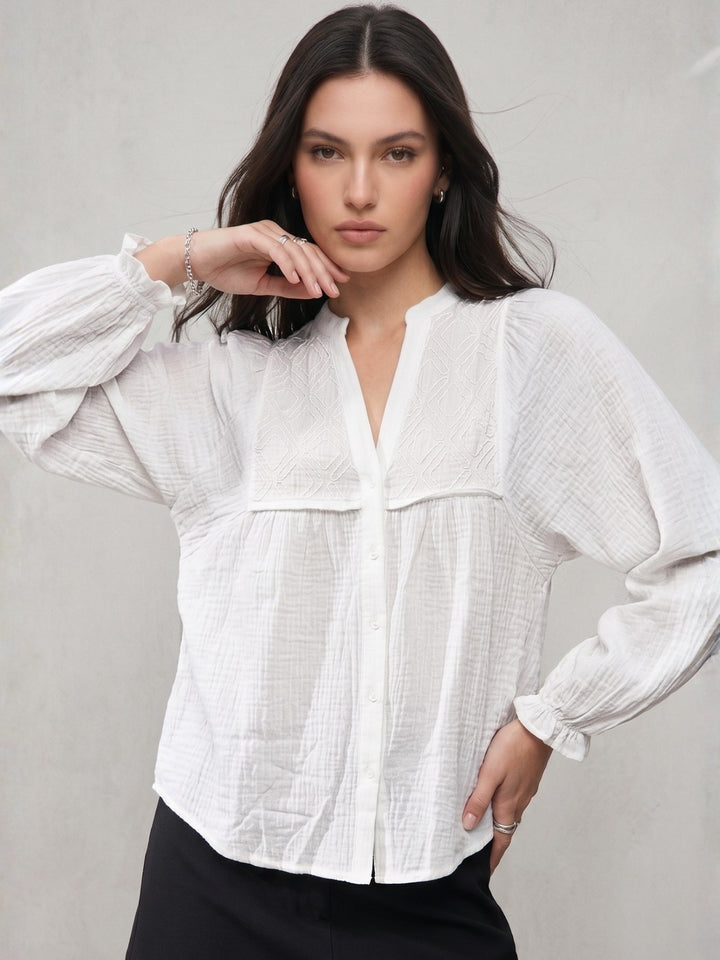 White Bishop Sleeve Front Buttoned Embroidered Top