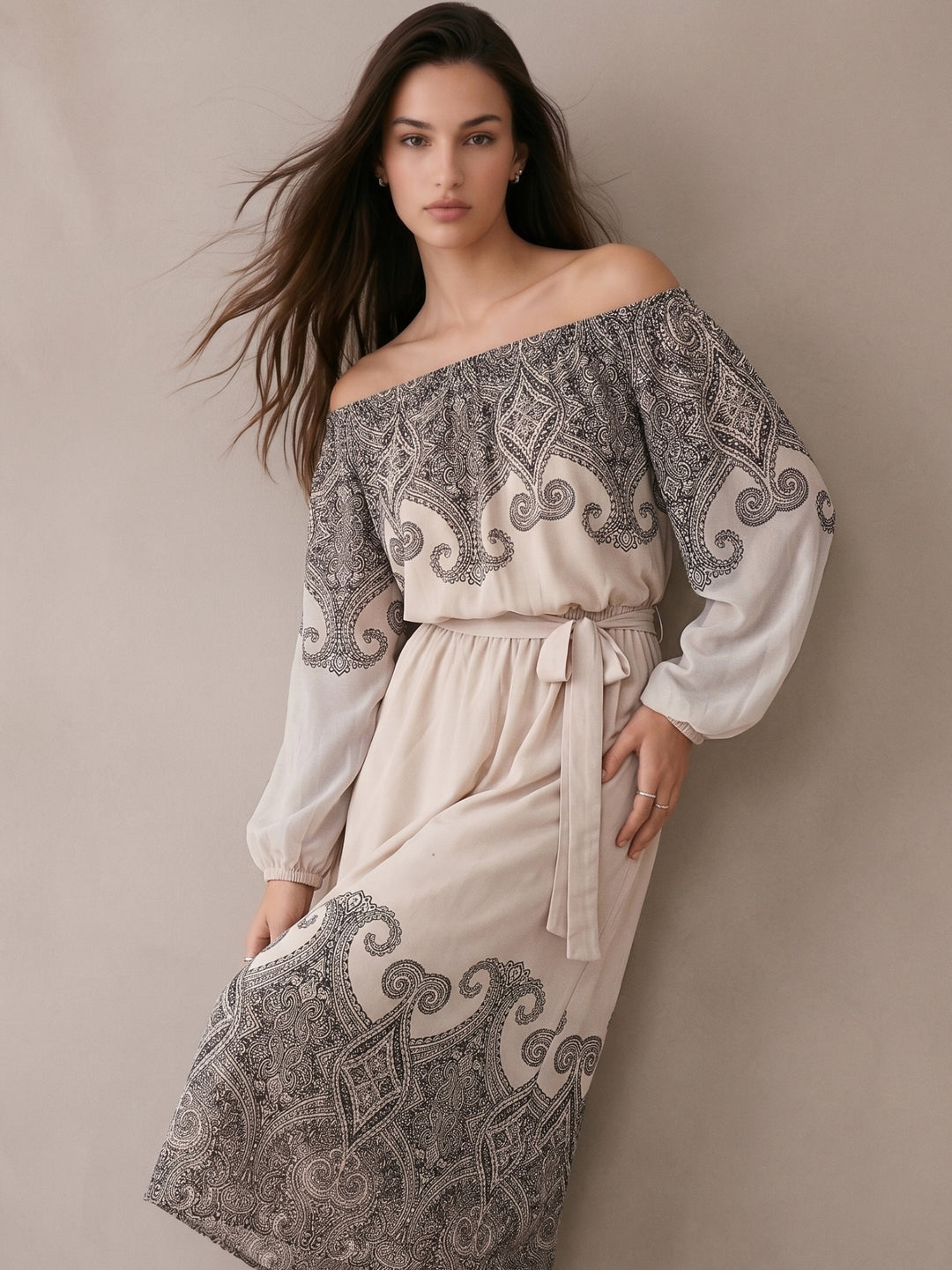 Off White Midi Length A Line With Elasted Waist And Placement Print