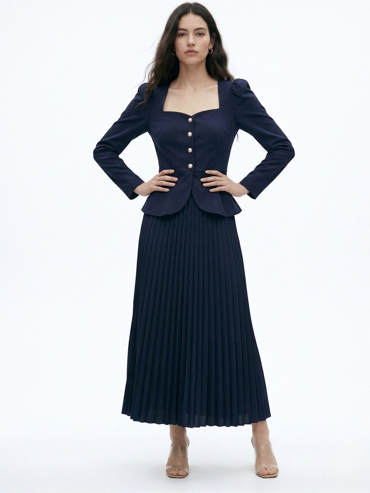 Navy Pleated Blazer Dress