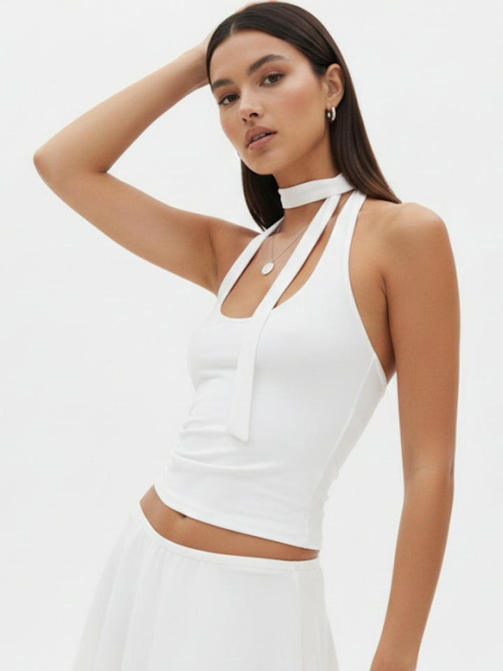 White Halter Neck Wrap Top