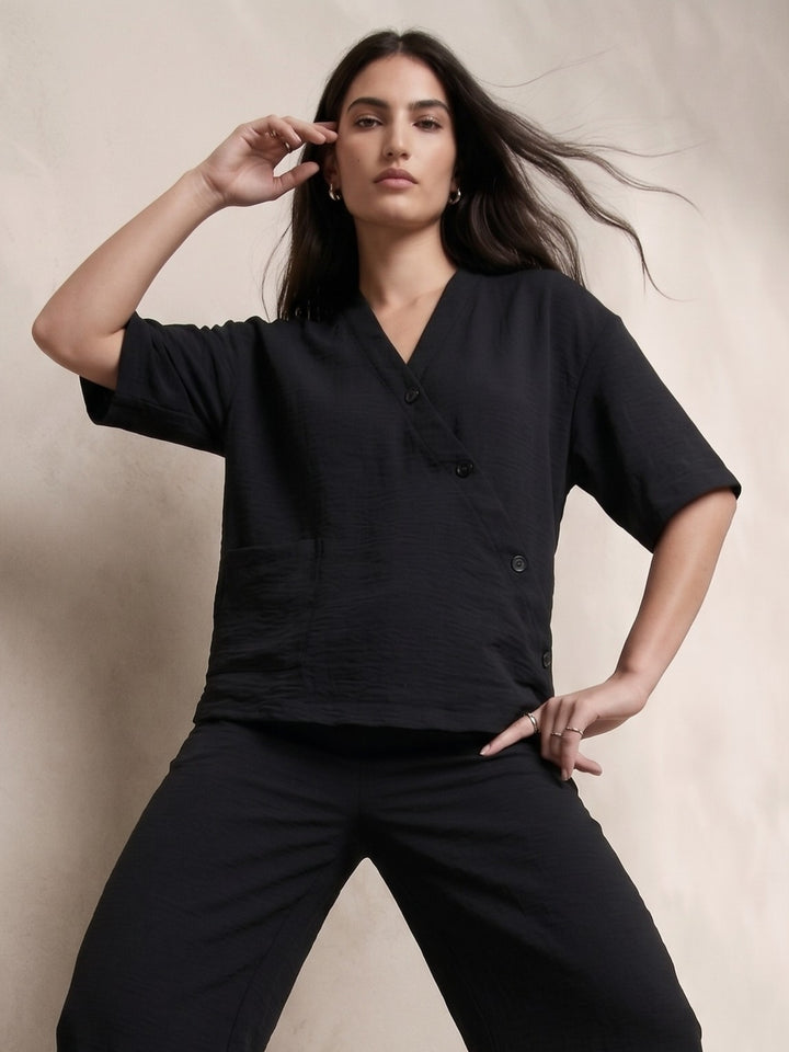 Black V Neck Blouse With Wide Leg Trousers Co-Ord Set