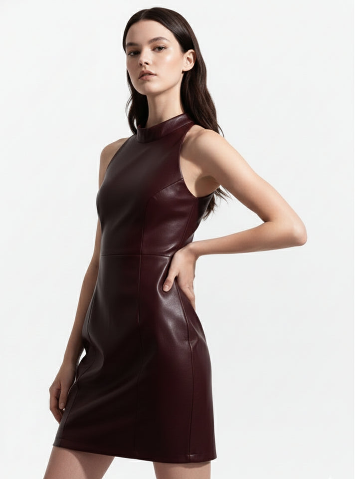 Burgundy Sleeveless Fitted Pu Dress