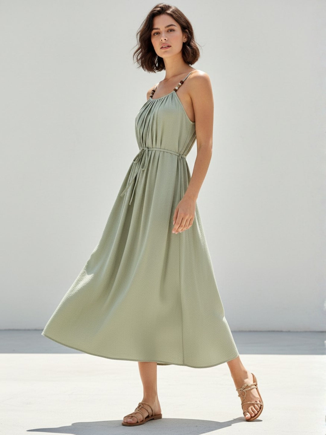 Green Spaghetti Strap Waist Tie-Up Flared Dress