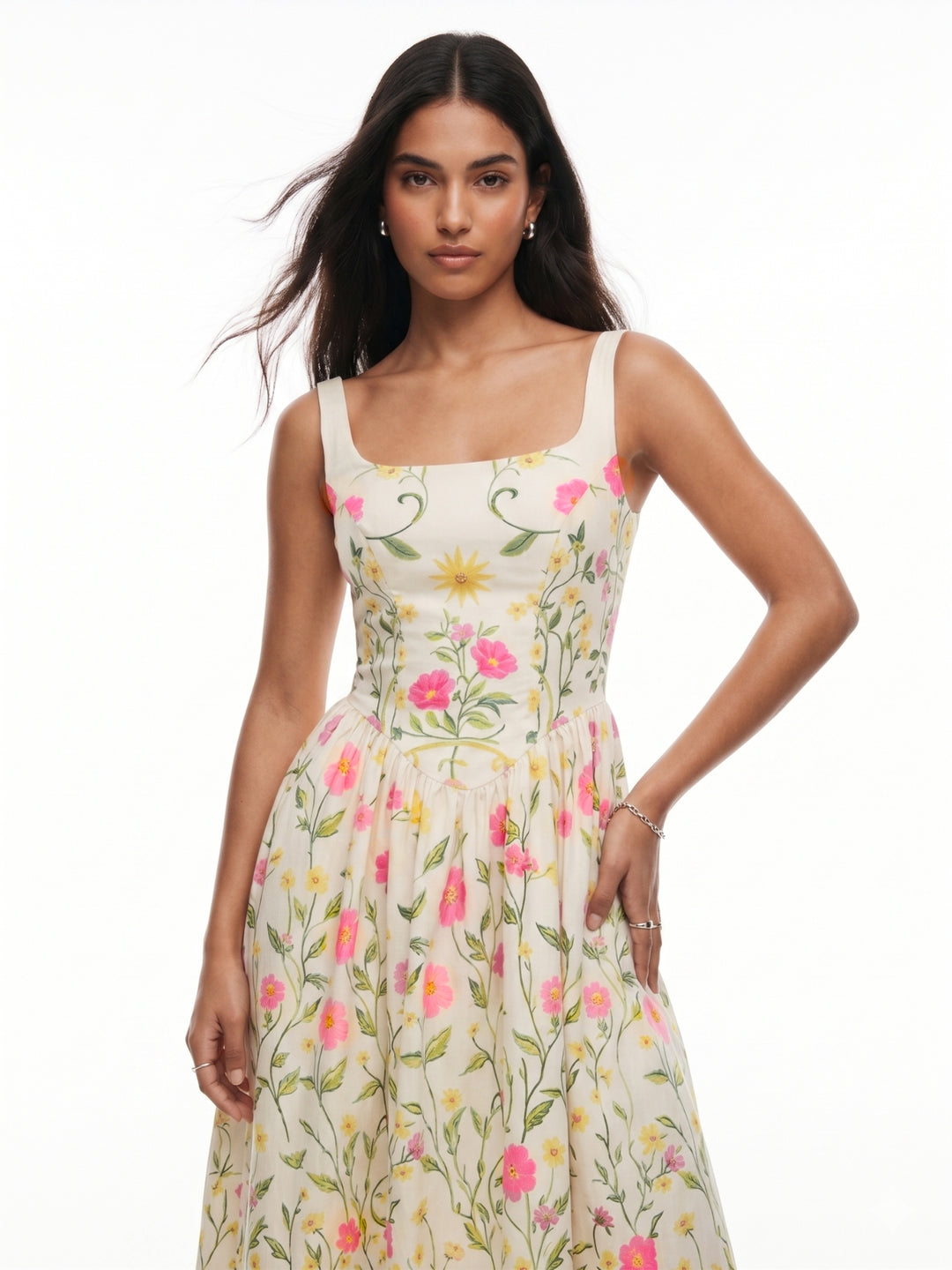 White Scoop Neck Strappy Printed Dress