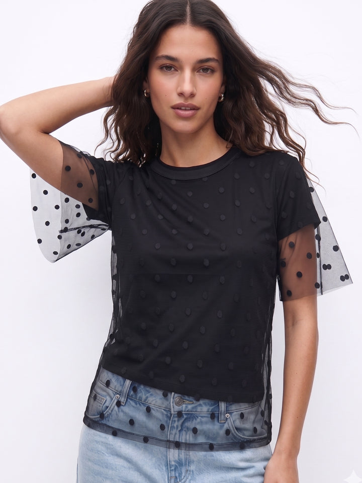 Black Twofer Styled Polka Dotted Tulle With Solid Top