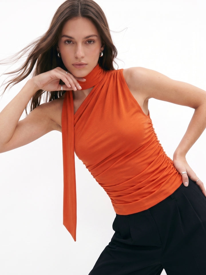Orange Neck Tie Up One Shoulder Top