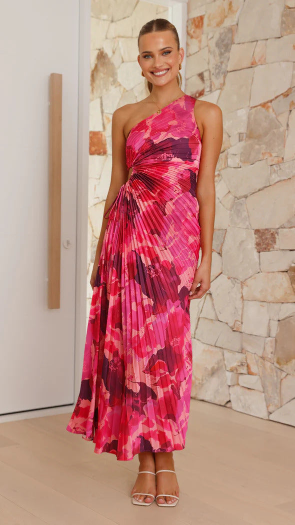 Pink One Shoulder Waist Cut-Out Pleated Dress