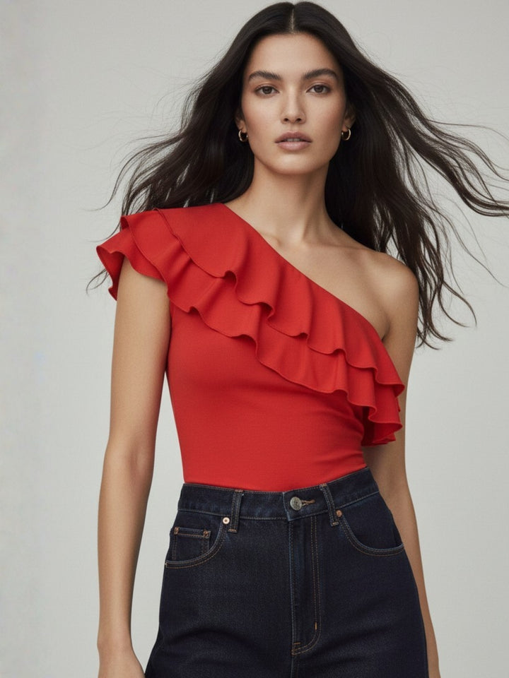Red One Shoulder Ruffled Top