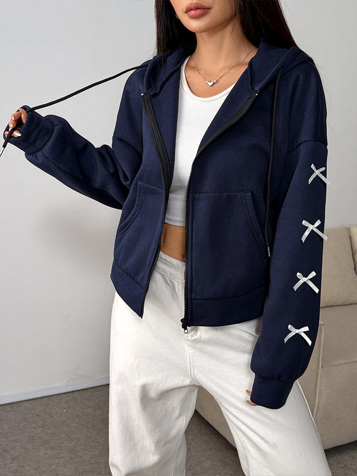Navy Blue Full Sleeve Bow Detail Front Zip Jacket