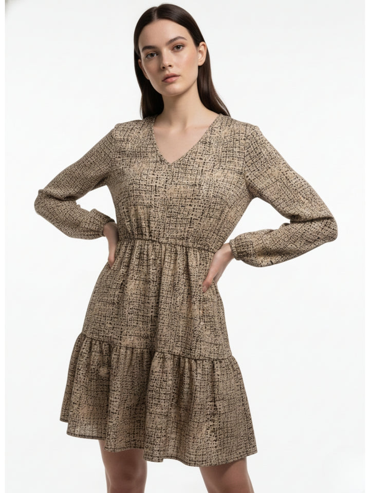 Multi Printed V Neck Cinched Waist Dress