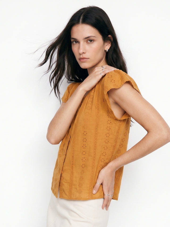 Mustard Button Down Schiffli Top