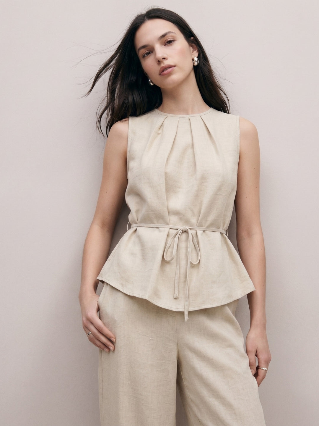 Cream Round Neck Pleated Top With Trouser Co-Ord Set