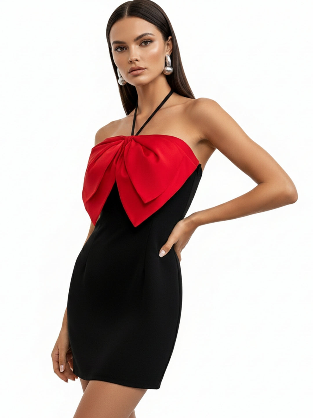 Black Halter Neck Bow Detail Dress