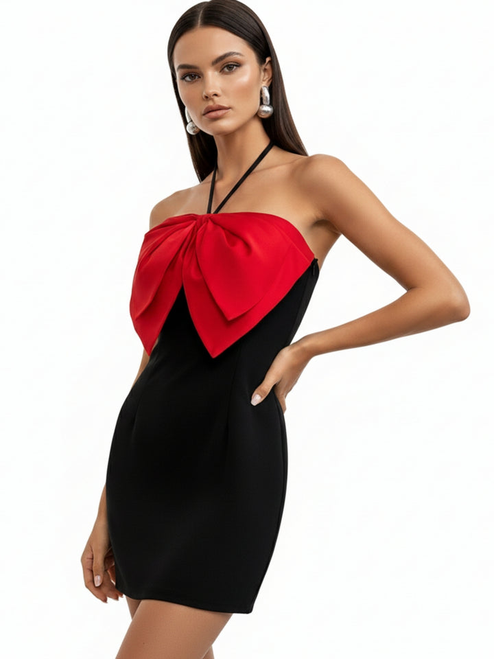 Black Halter Neck Bow Detail Dress