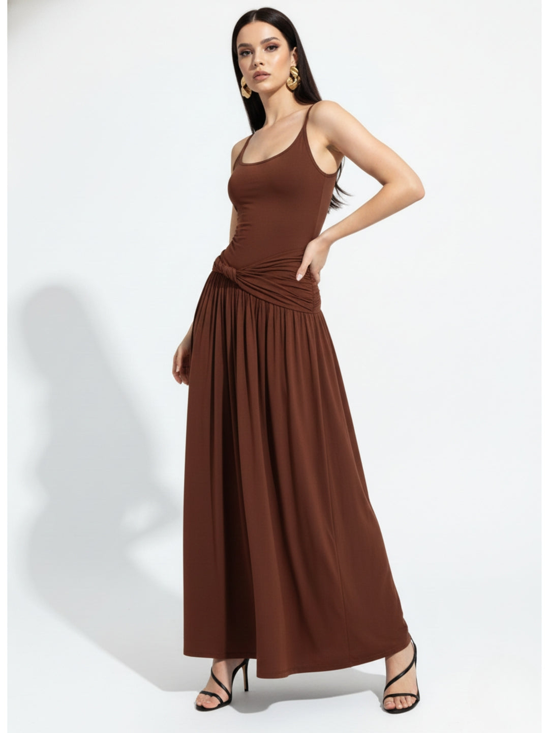 Brown Spaghetti Strap Flared Dress
