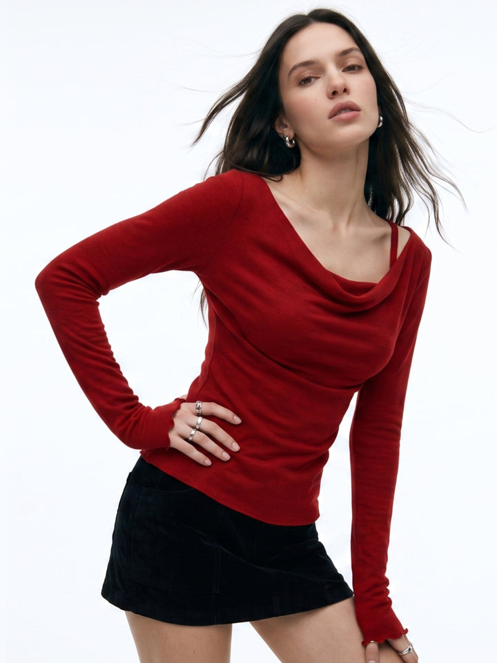 Red Cowl Neck Bell Sleeves Top