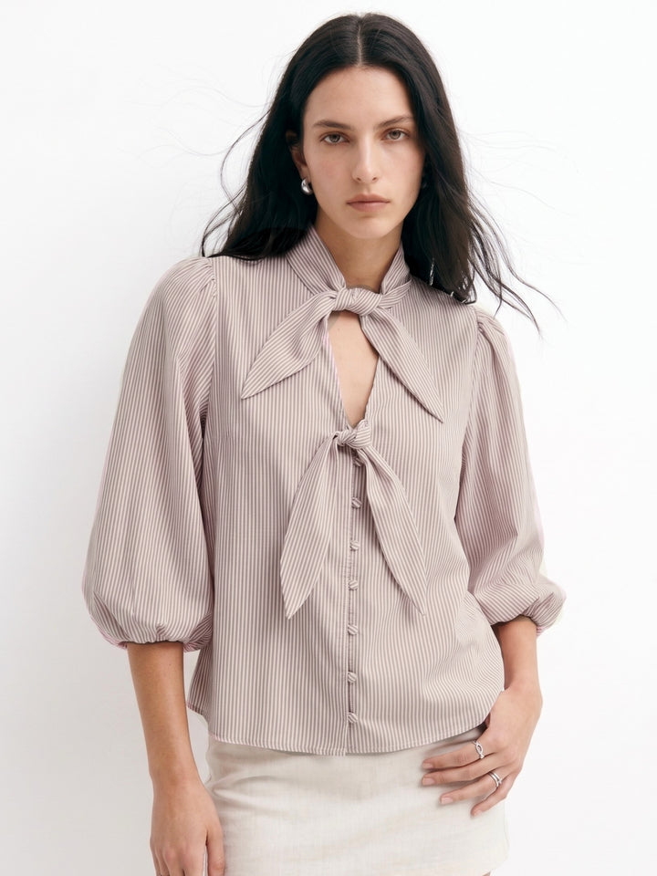 Nude Puff Sleeve Neck Tie-Up Top