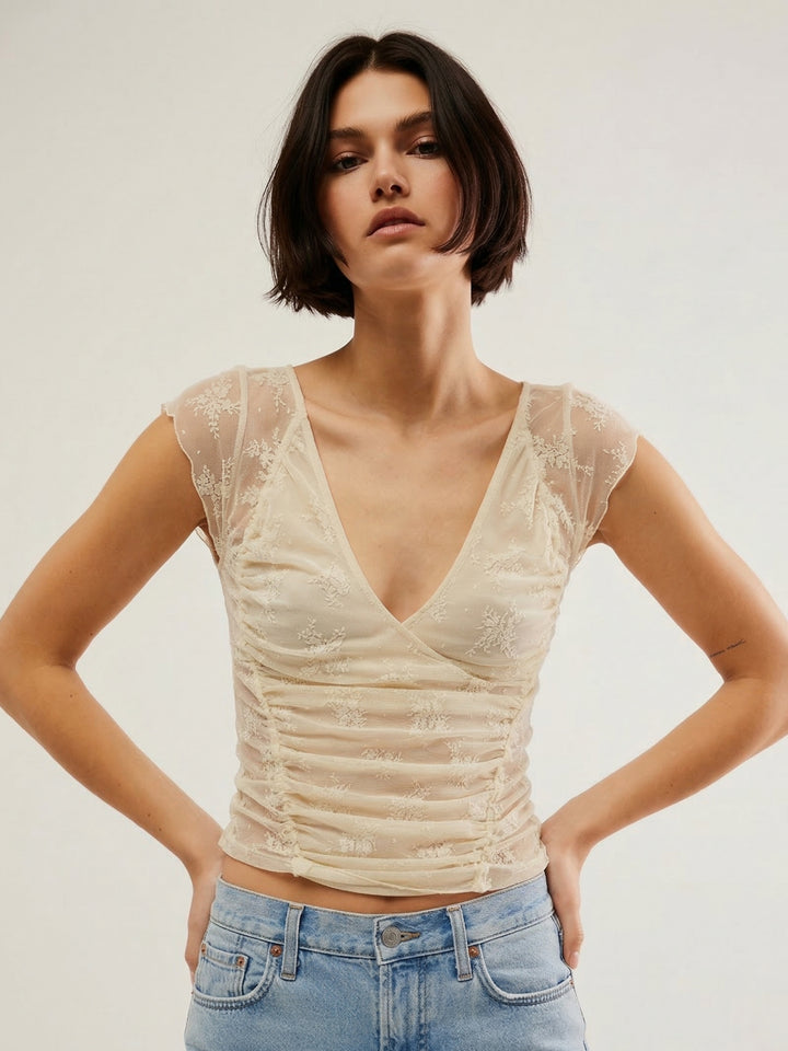 Cream Short Sleeve Lace Detail Top