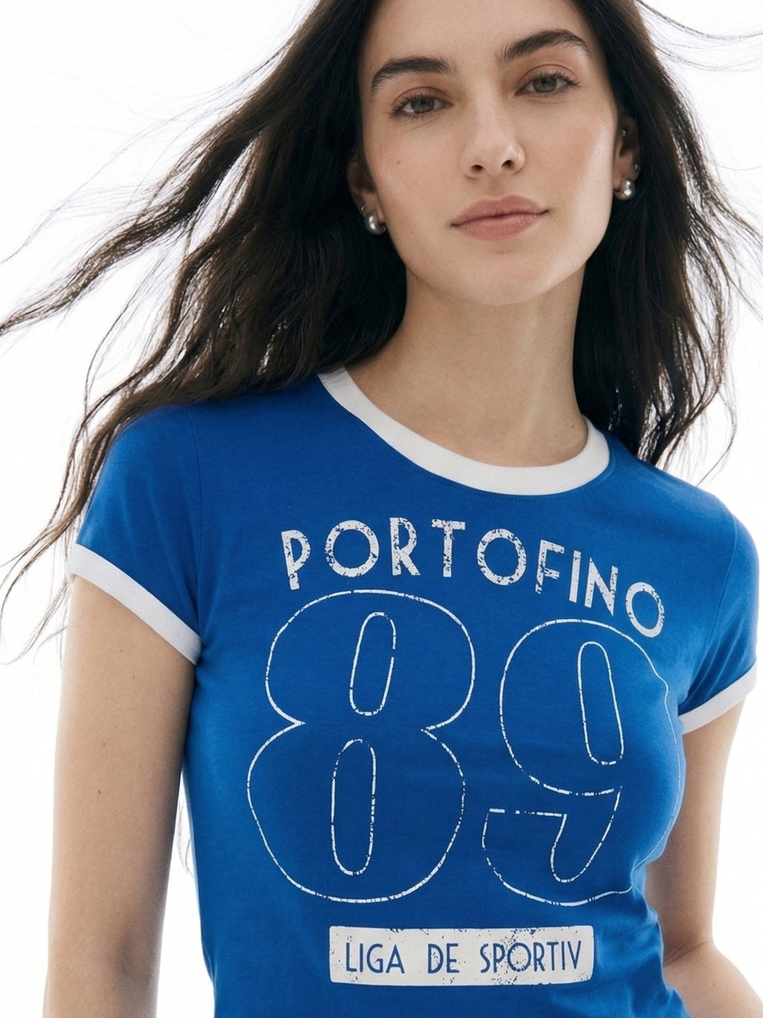 Blue Raglan Cropped Top With Graphic Print