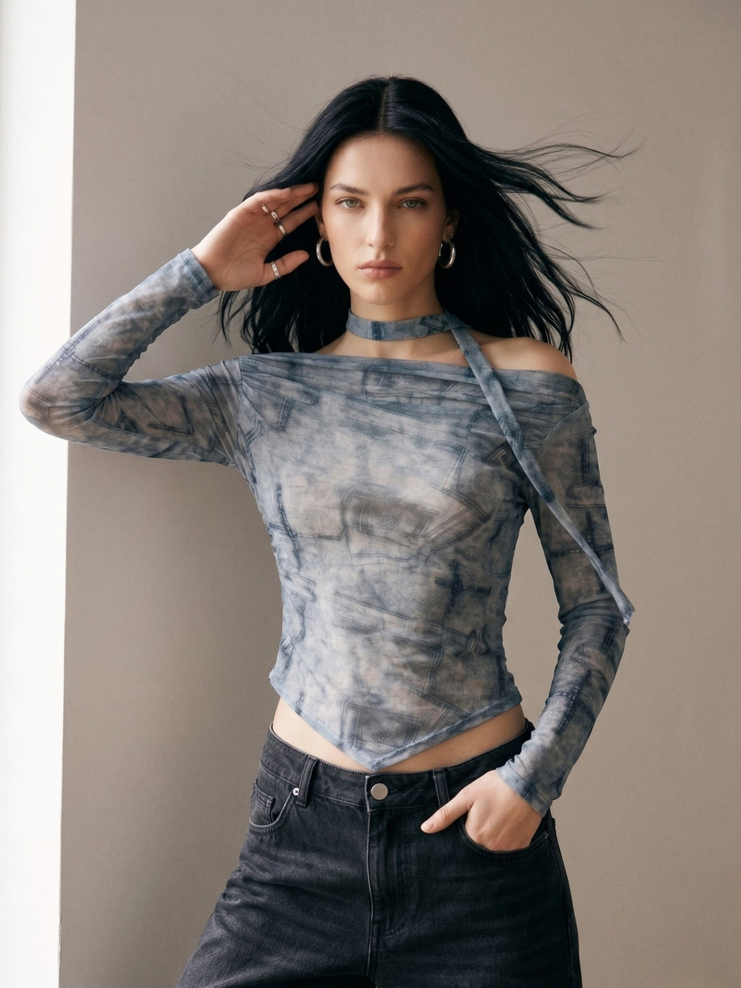 Blue Off-Shoulder Printed Top With Neck Tie Detail