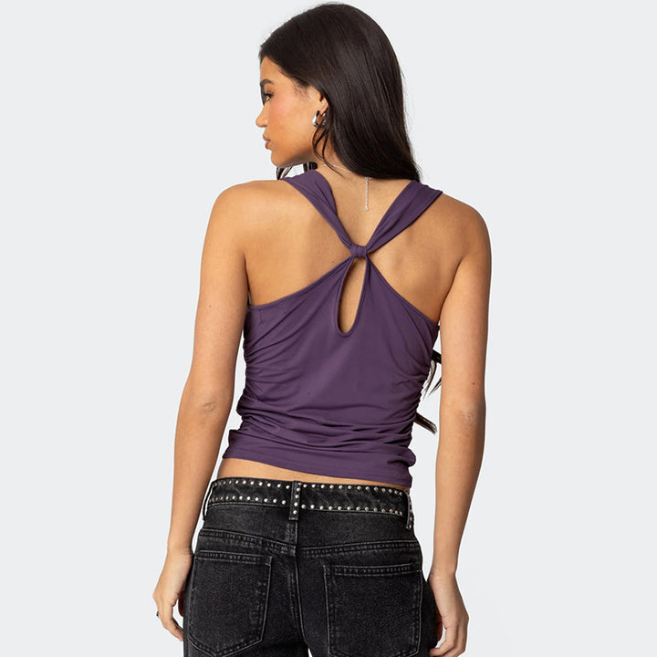Purple Halter Cowl Neck Fitted Top