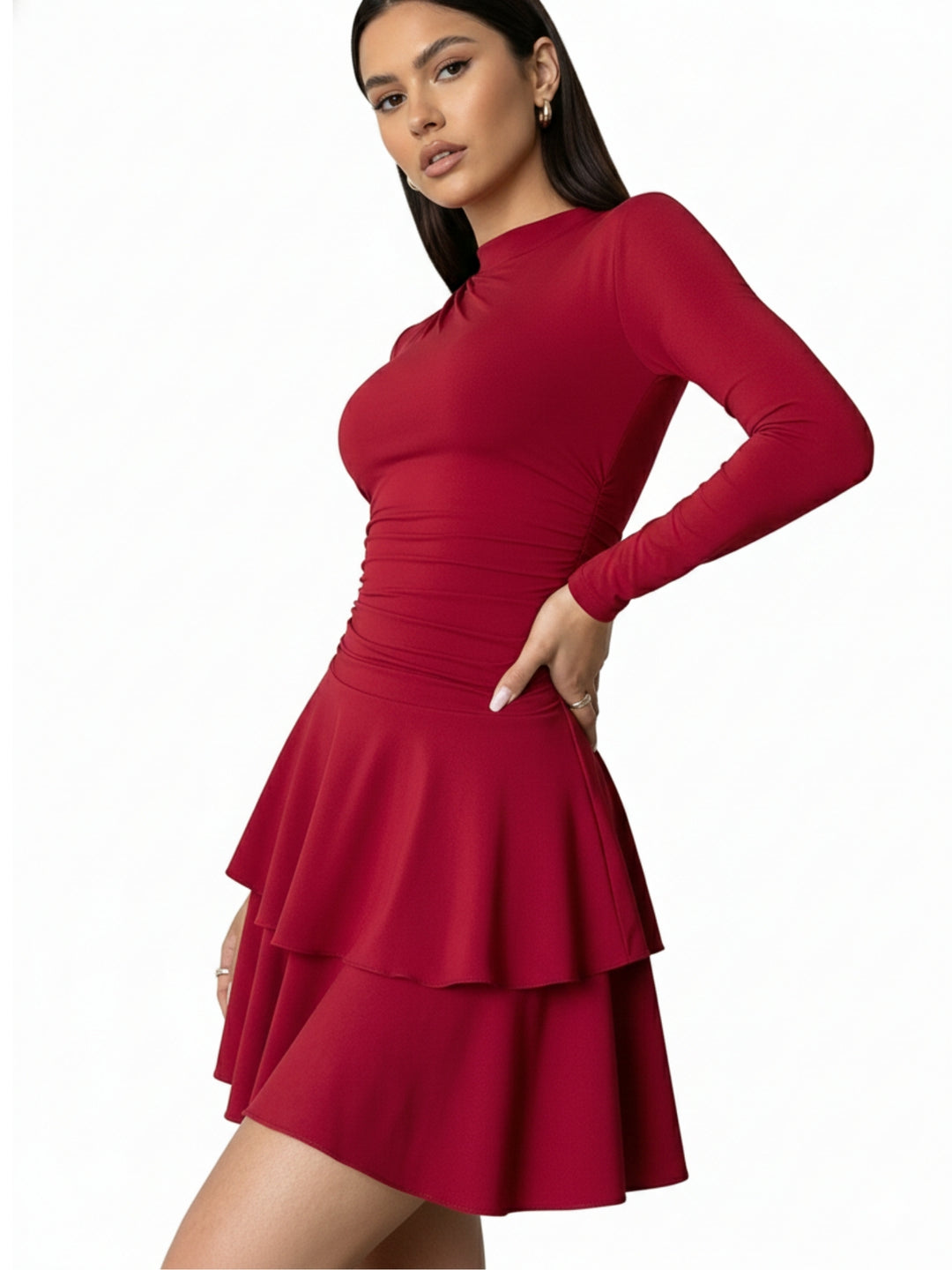 Red High Neck Cinched Waist Tiered Dress
