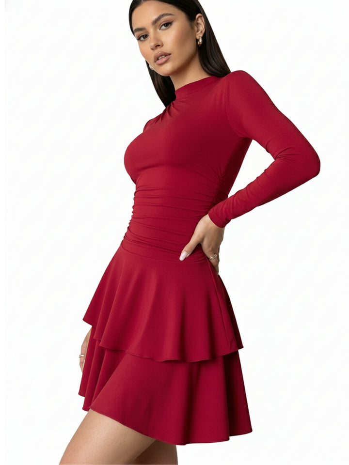 Red High Neck Cinched Waist Tiered Dress