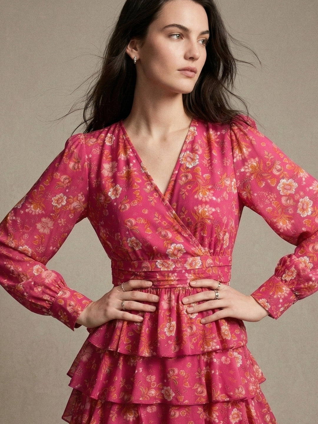 Pink Elegant Floral Layered Ruffle Hem Dress