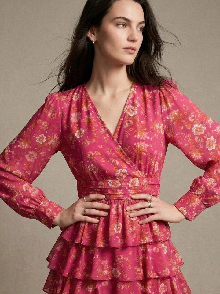 Pink Elegant Floral Layered Ruffle Hem Dress