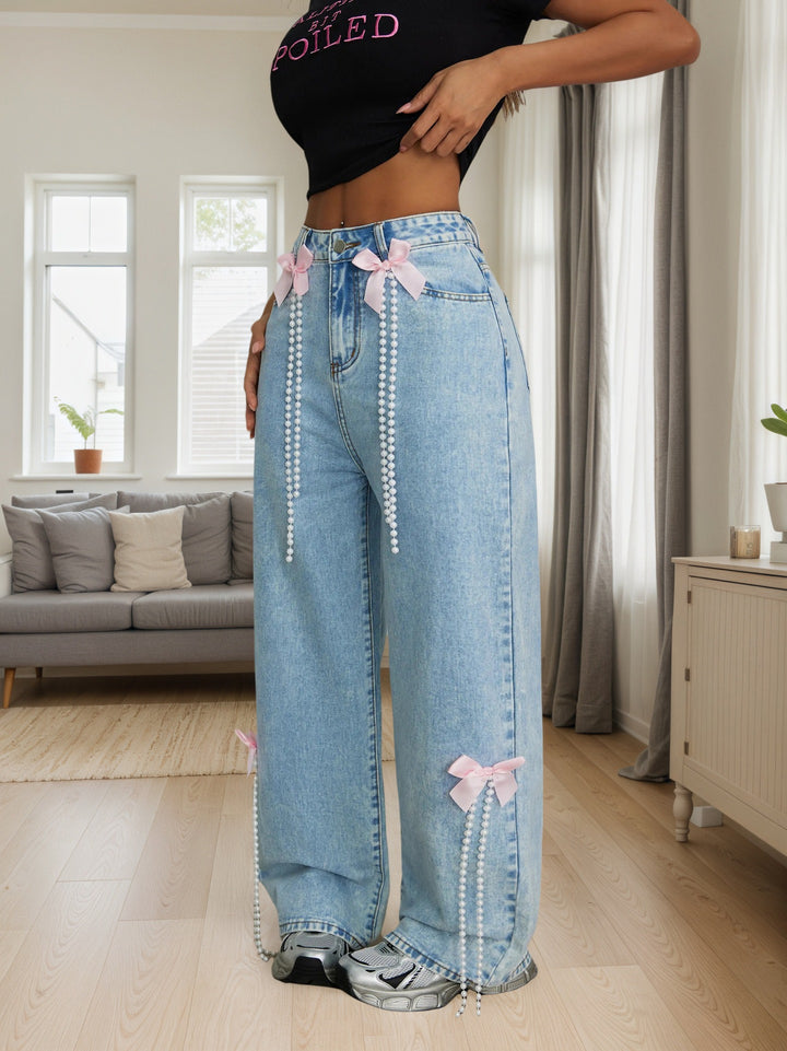 Blue Bow And Chain Embellished Denim