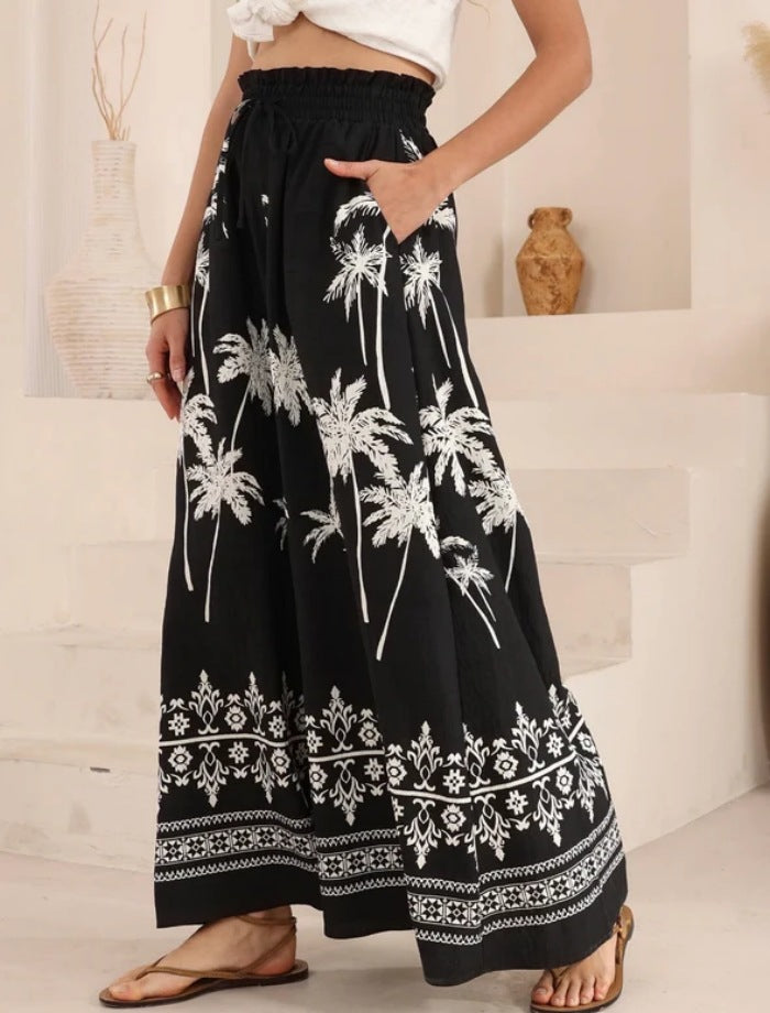 Black Paper Bag Waistband Printed Trousers
