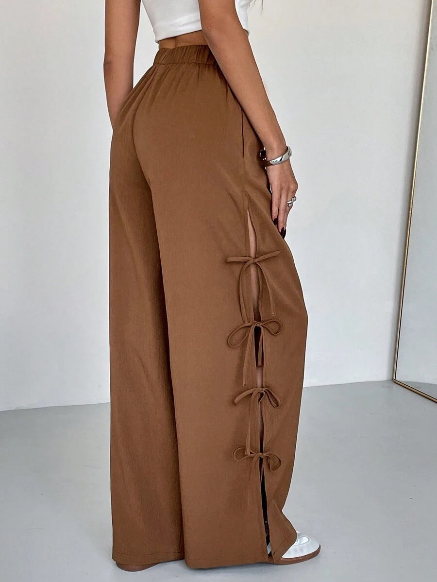 Brown Side Bow Detailed Sweatpants