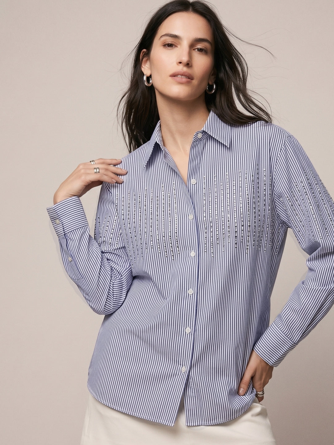 Blue Sequin Embellished Blue Stripe Shirt