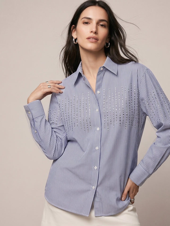 Blue Sequin Embellished Blue Stripe Shirt