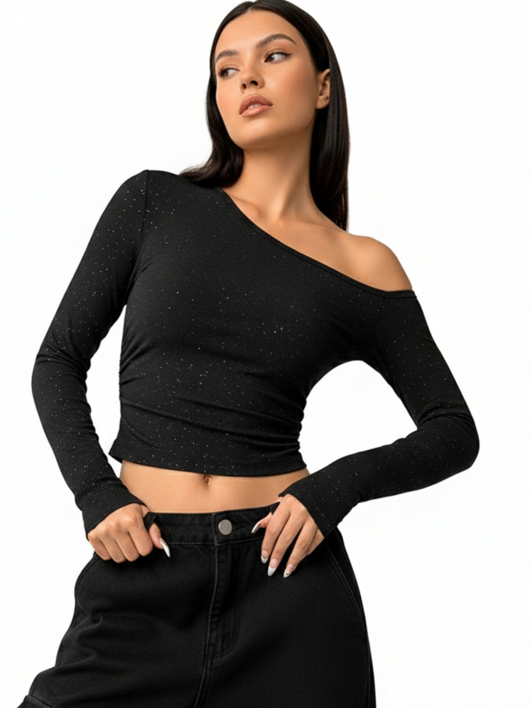 Black One Shoulder Fitted Shimmer Top