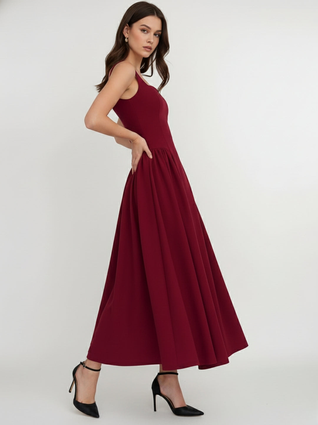 Wine Shoulder Strap Corset Style Dress