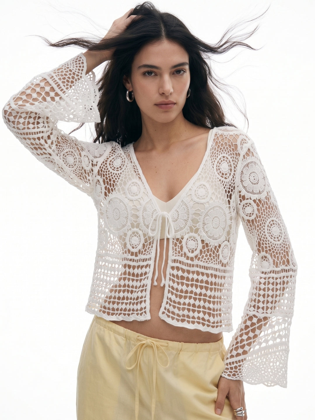 Off White Front Tie-Up Bell Sleeve Crochet Top