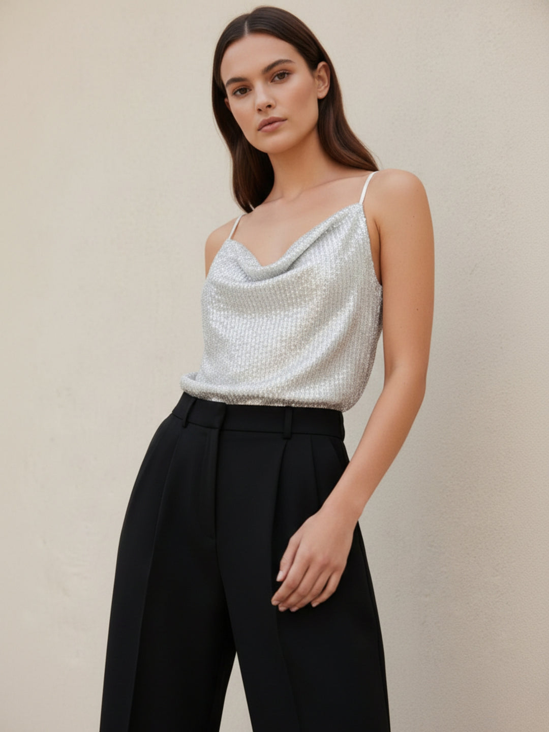 Silver Spaghetti Strap Sequined Camisole
